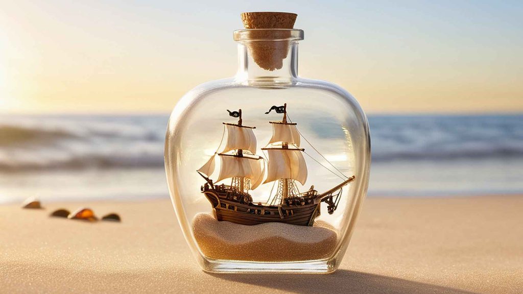 Un bateau pirate enfermé dans une bouteille en verre. Générer avec Tengr AI