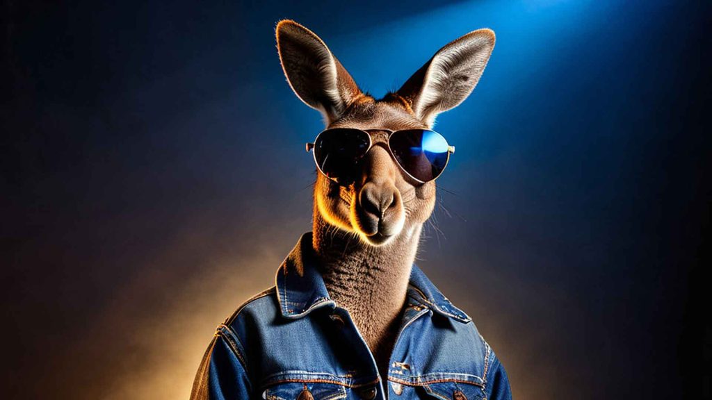 Photographie d'un kangourou avec des lunettes de soleil. Texte image IA avec Tengr AI