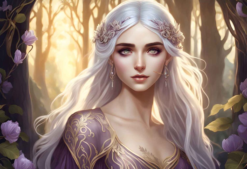 Un elfe aux cheveux argentés et aux yeux violets prompt image IA Deep AI