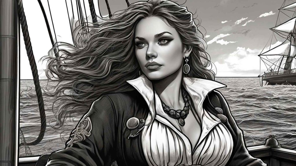 Une femme pirate féroce debout sur le pont de son navire