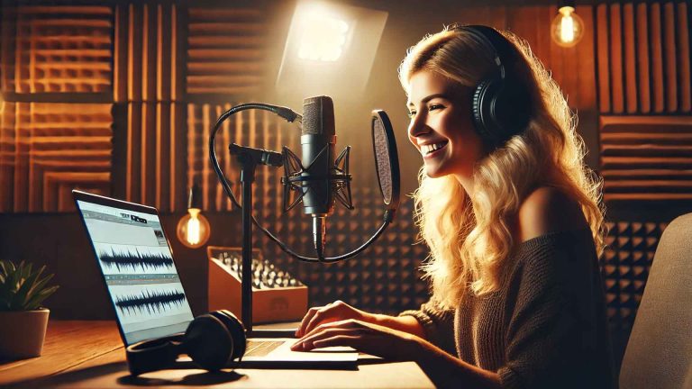 femme qui réalise un enregistrement audio