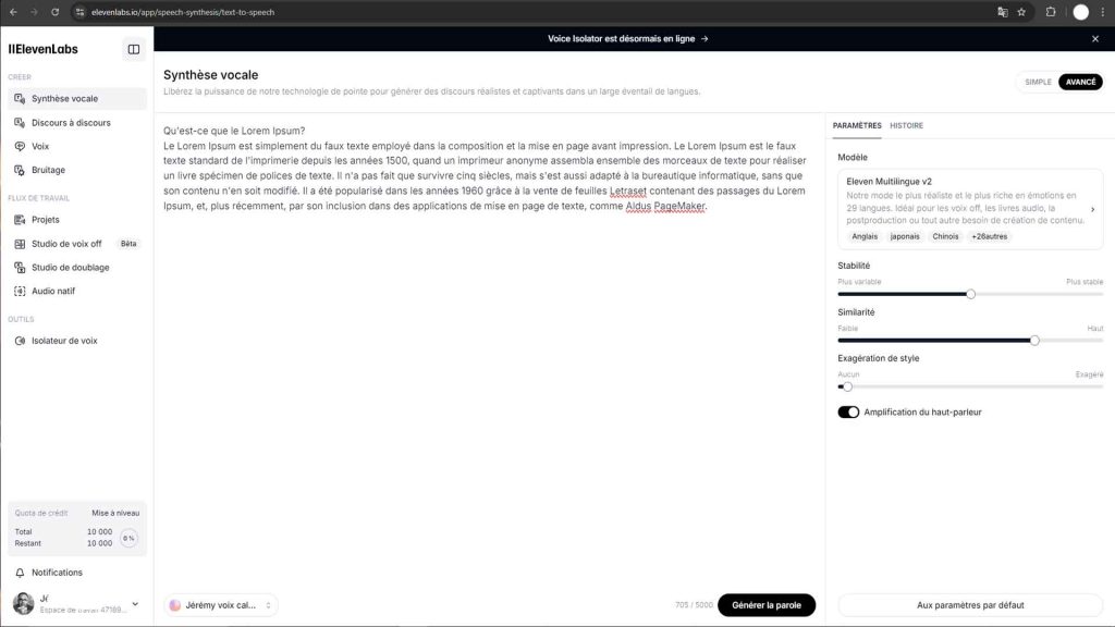 Outil de synthèse vocal de ElevenLabs Text to speech